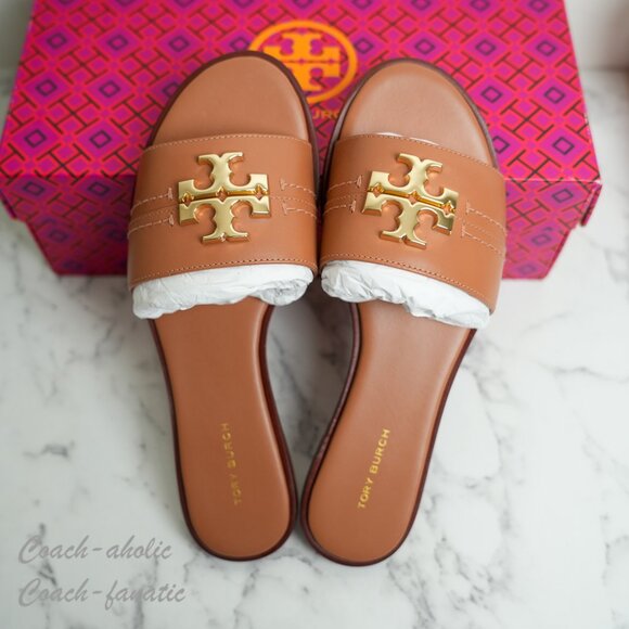 Tory Burch Everly Calf Leather Gold Logo Slide Sandals in Tan 60245 NIB - Picture 3 of 9